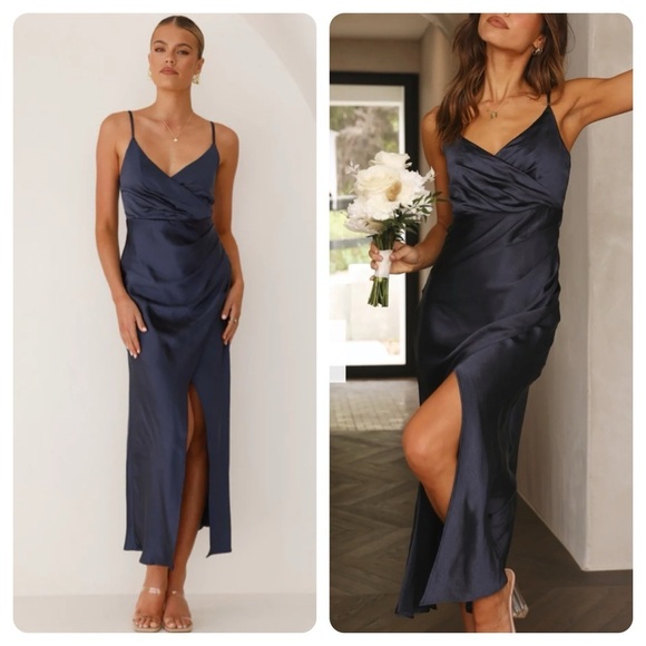 Billy J Elsa Midi Dress Navy Satin Bridesmaids Formal Size AU 10 / US 6 NWT - Picture 1 of 9